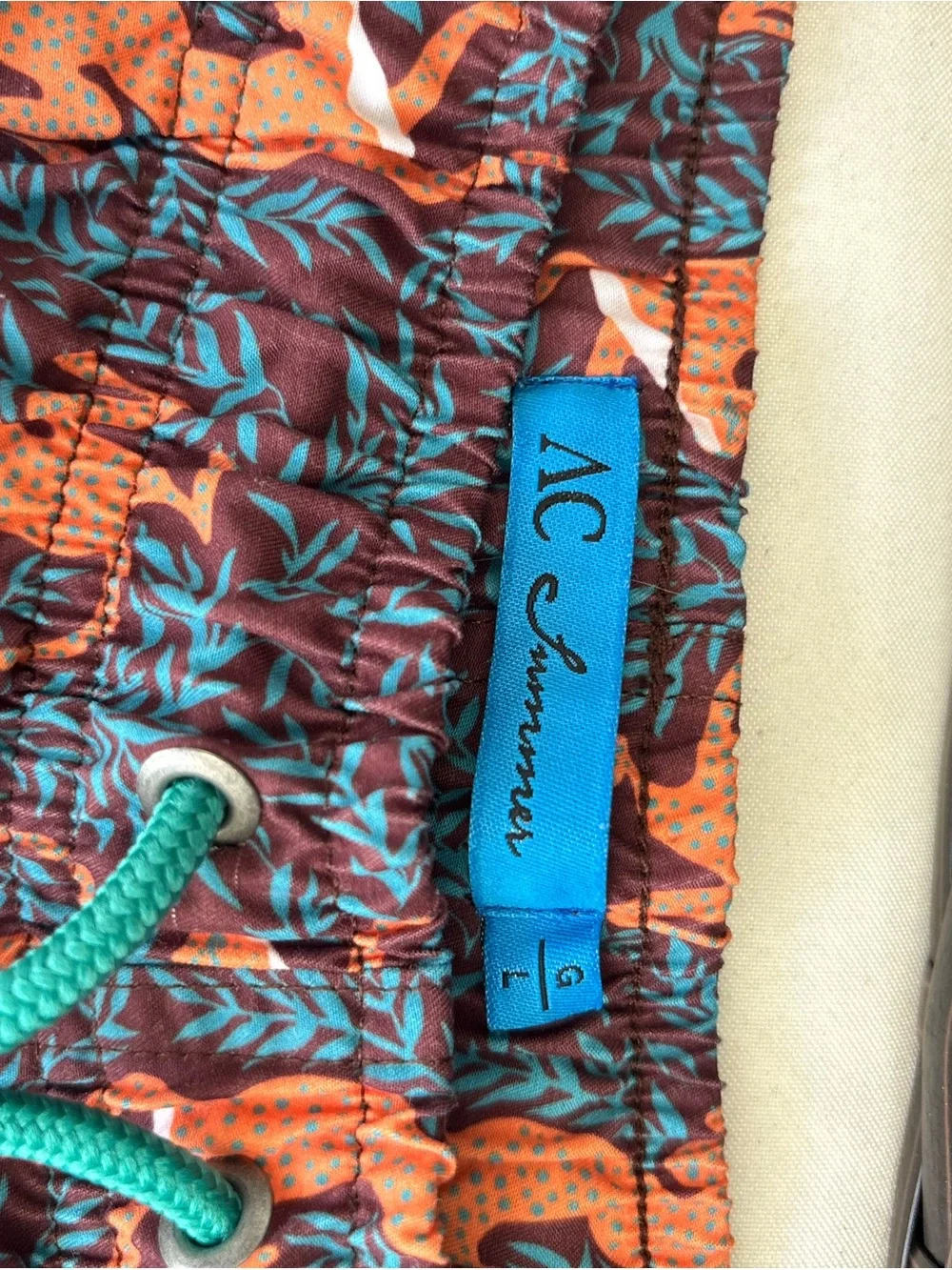 Mens One-Piece Swim Trunks with Fox Print - Teal Drawstring